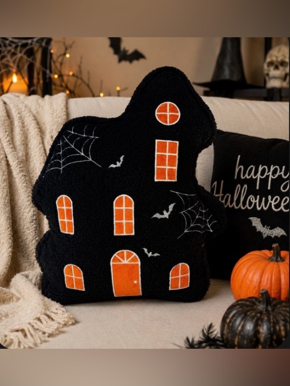 Halloween Haunted House Throw Pillow - 12”x12”